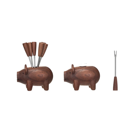 Wooden Piggy Holder & Appetizer Fork Set